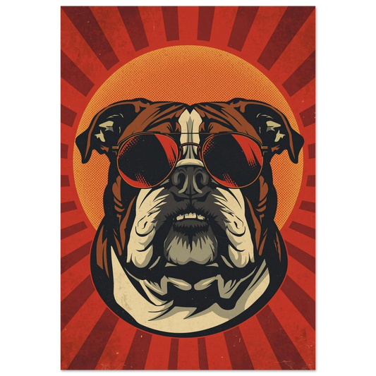 Bulldog med solglasögon i retro popkonst-stil mot röd strålglans