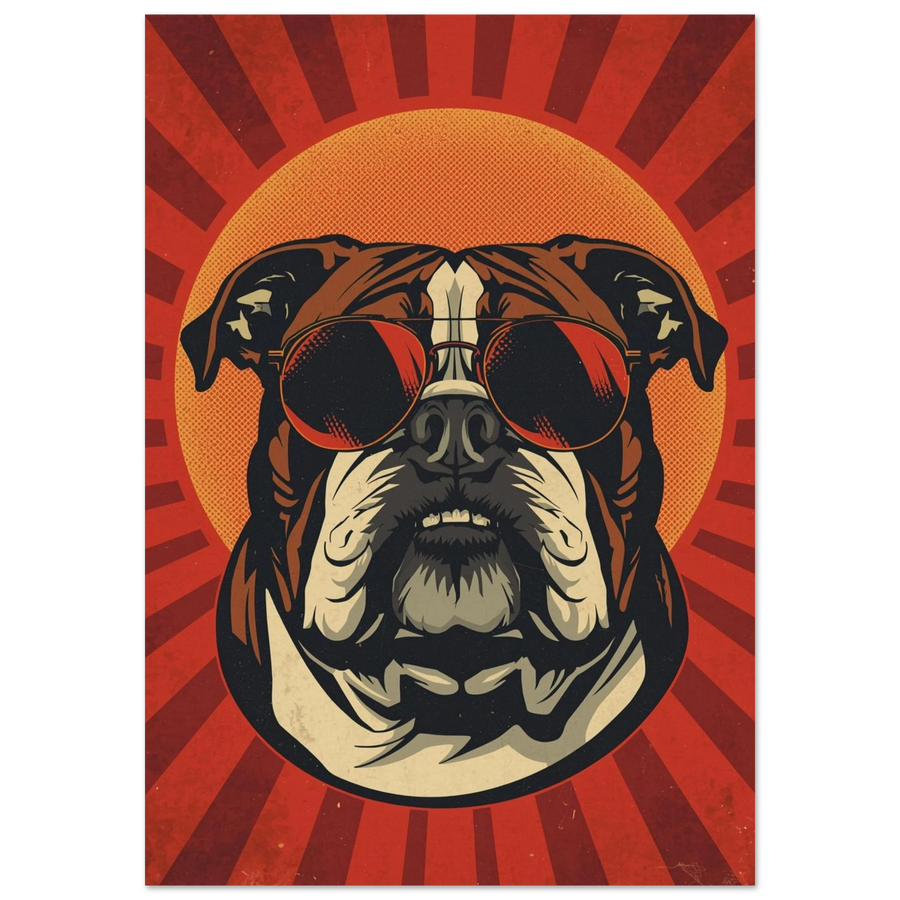 Bulldog med solglasögon i retro popkonst-stil mot röd strålglans