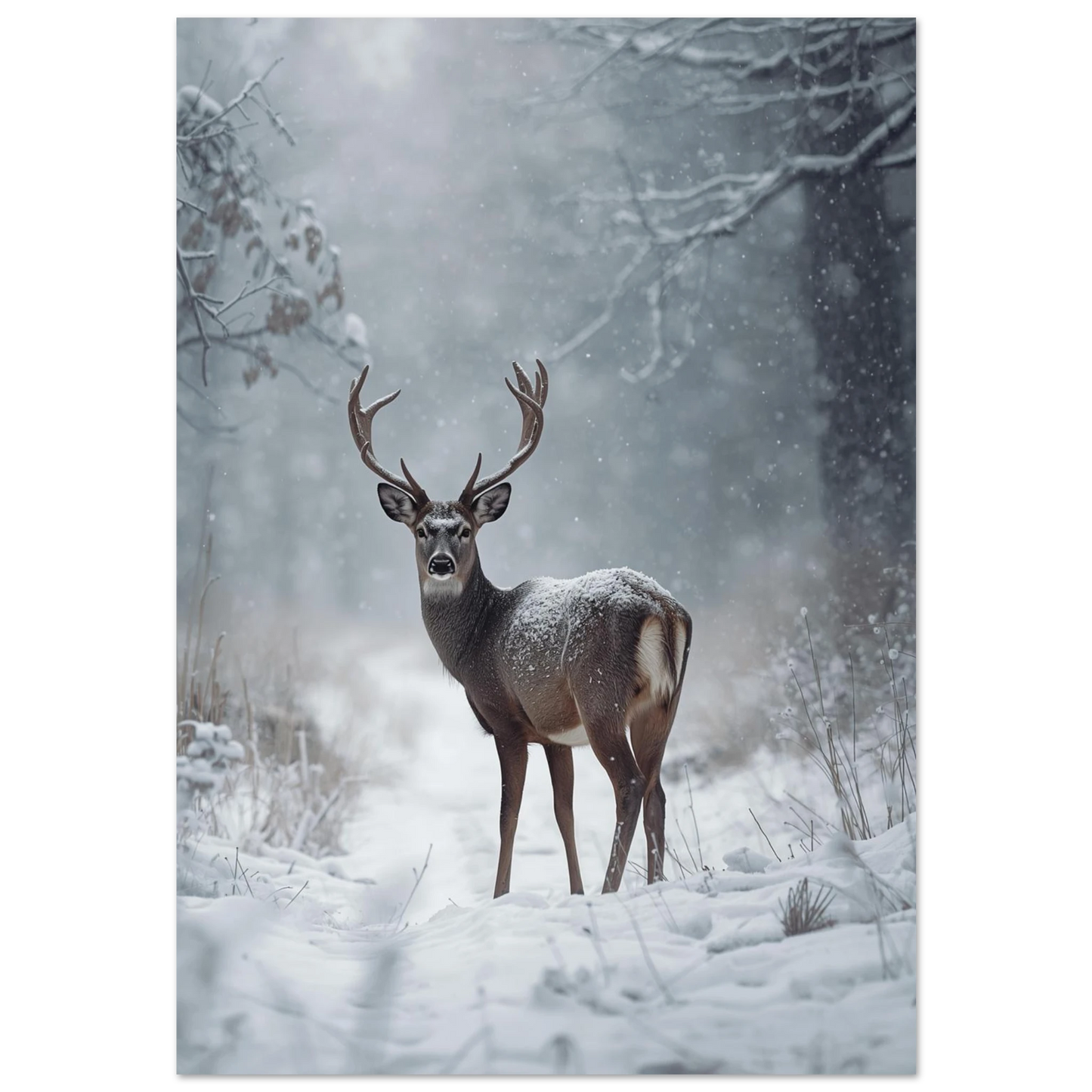 Ståtlig hjort med stora horn i snöfall – fotorealistisk djurposter