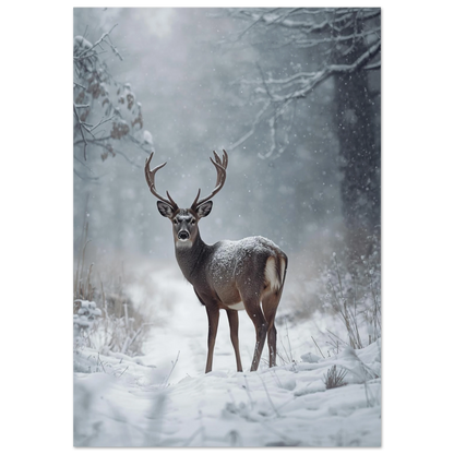Ståtlig hjort med stora horn i snöfall – fotorealistisk djurposter