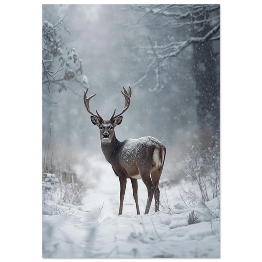 Ståtlig hjort med stora horn i snöfall – fotorealistisk djurposter