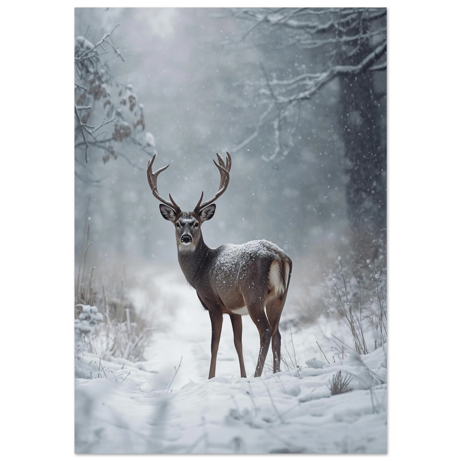 Ståtlig hjort med stora horn i snöfall – fotorealistisk djurposter