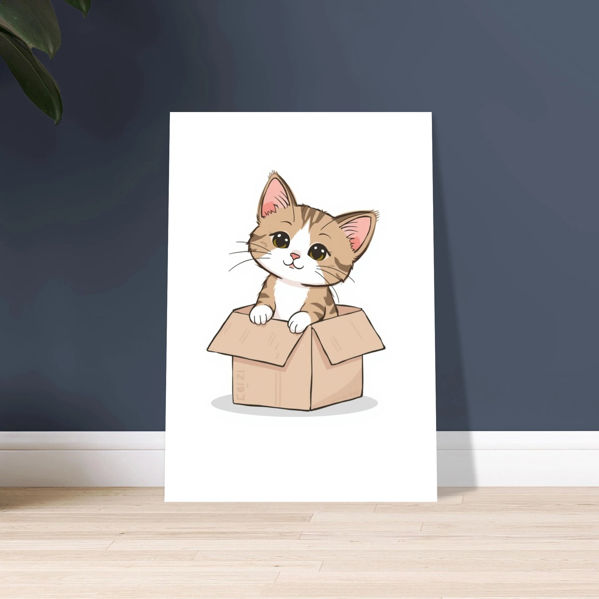 Kattunge i kartong med stora ögon, lekfull och söt