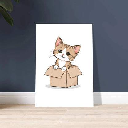 Kattunge i kartong med stora ögon, lekfull och söt