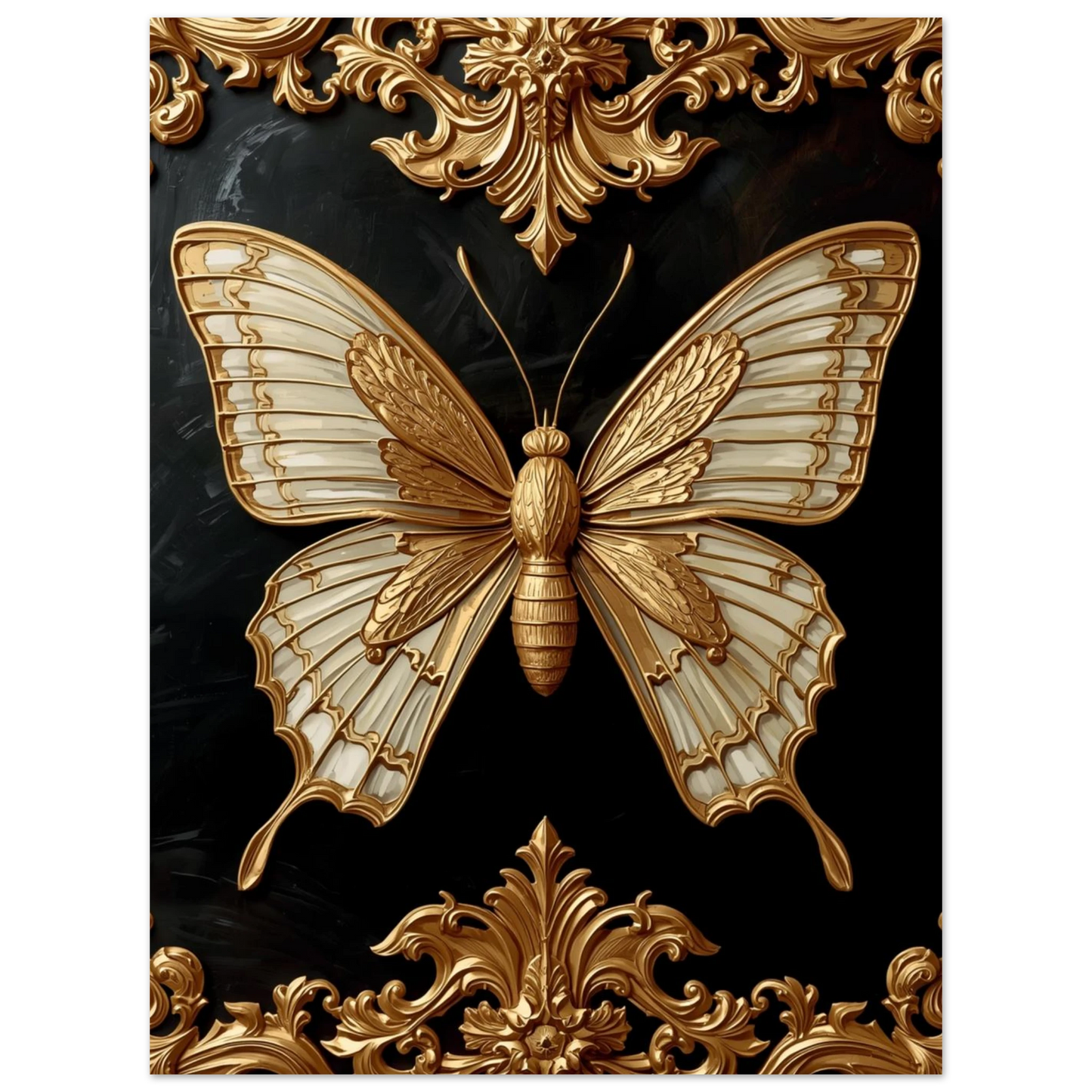 Lyxig väggkonst föreställande en fjäril i guld med barock-ornament
