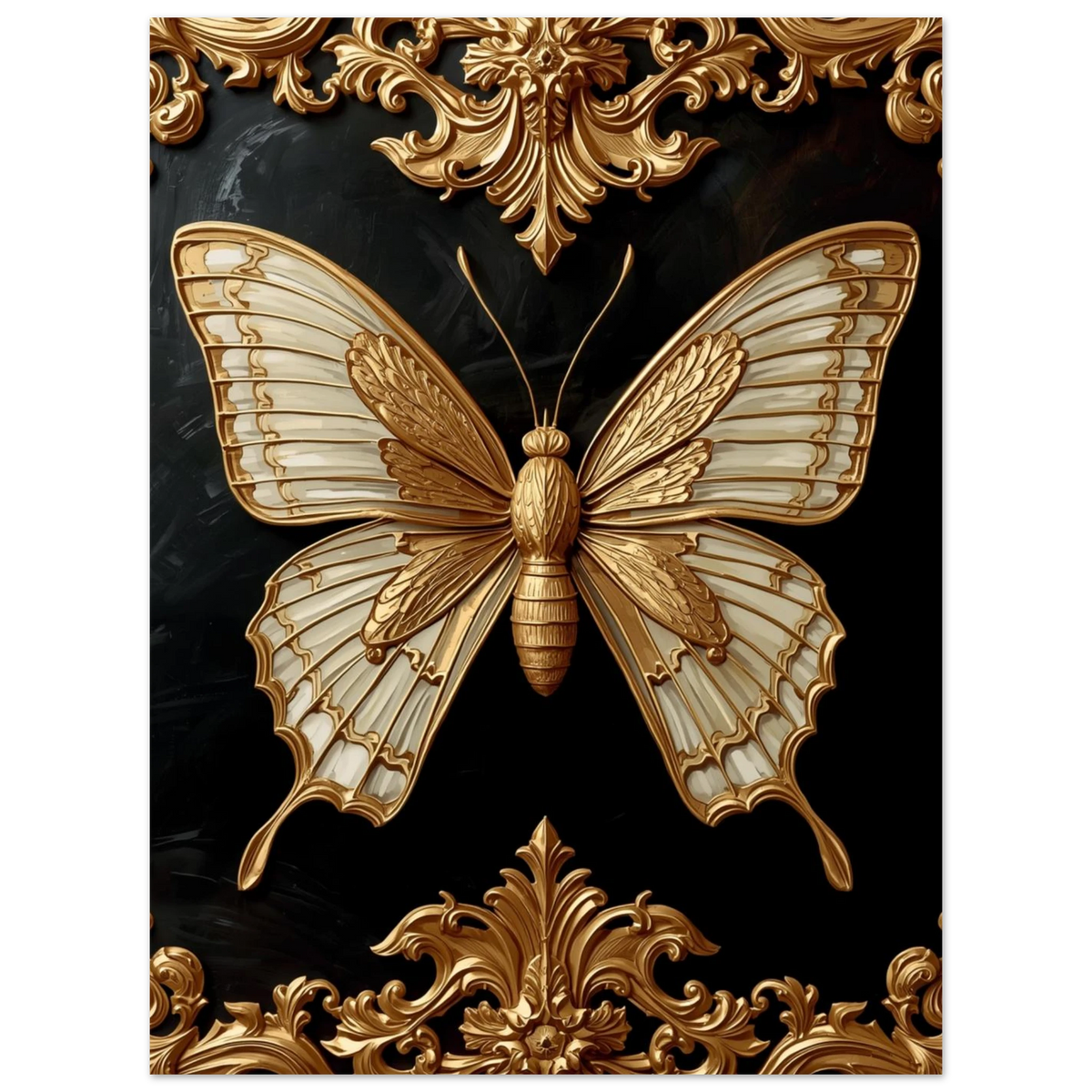 Lyxig väggkonst föreställande en fjäril i guld med barock-ornament