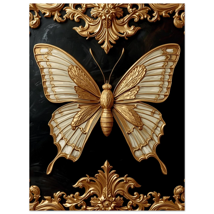 Lyxig väggkonst föreställande en fjäril i guld med barock-ornament