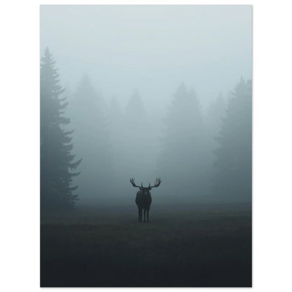 Dovt naturfoto av en ensam älg i dimma – djurposter