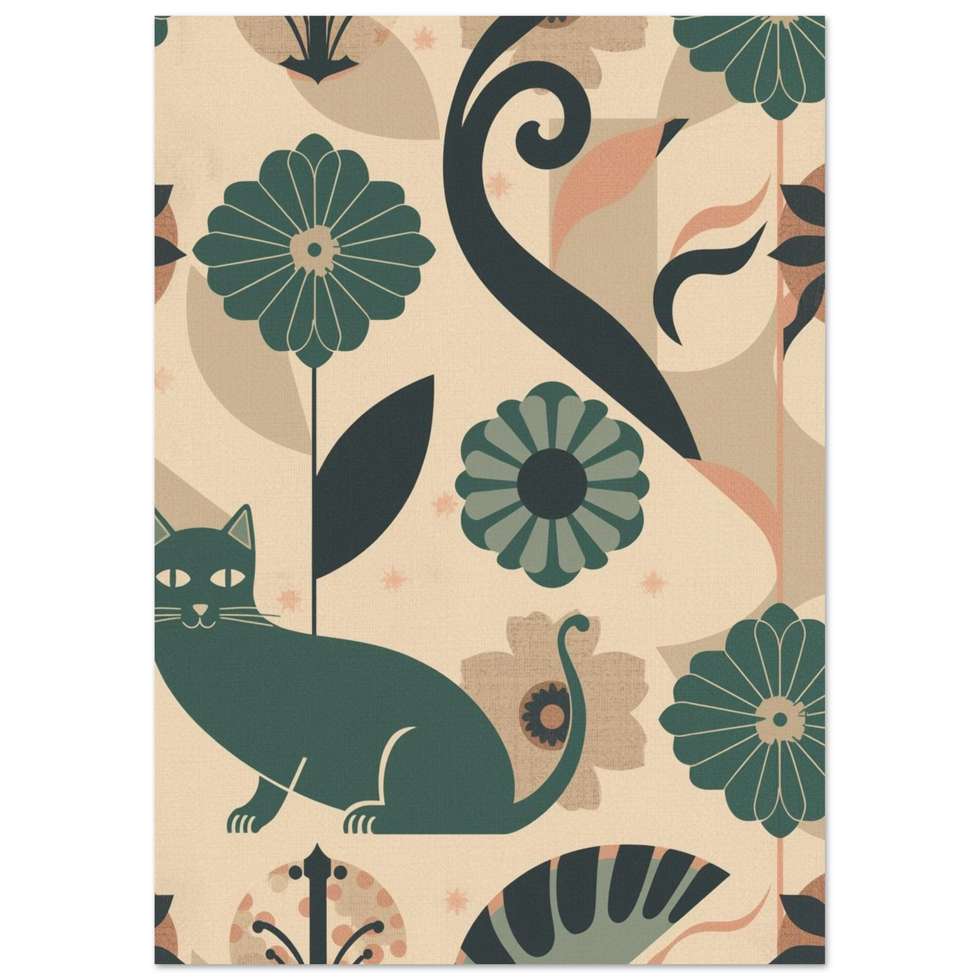 Grafiskt djurmotiv av en katt i retrostil med blommiga detaljer