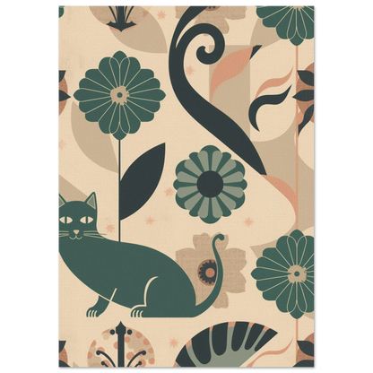 Grafiskt djurmotiv av en katt i retrostil med blommiga detaljer