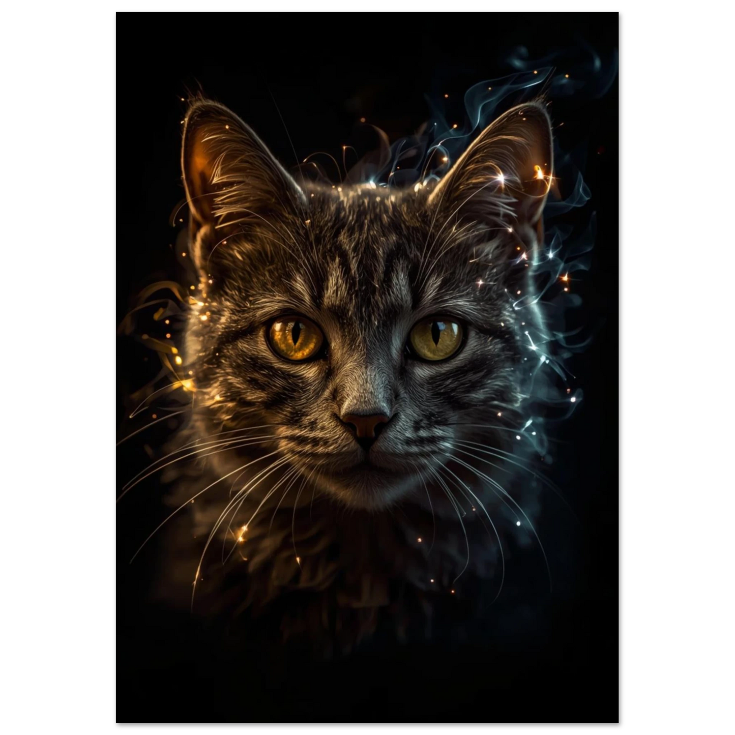 Detaljerad kattposter med intensiva ögon och rökig aura mot svart bakgrund