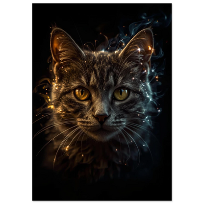 Detaljerad kattposter med intensiva ögon och rökig aura mot svart bakgrund