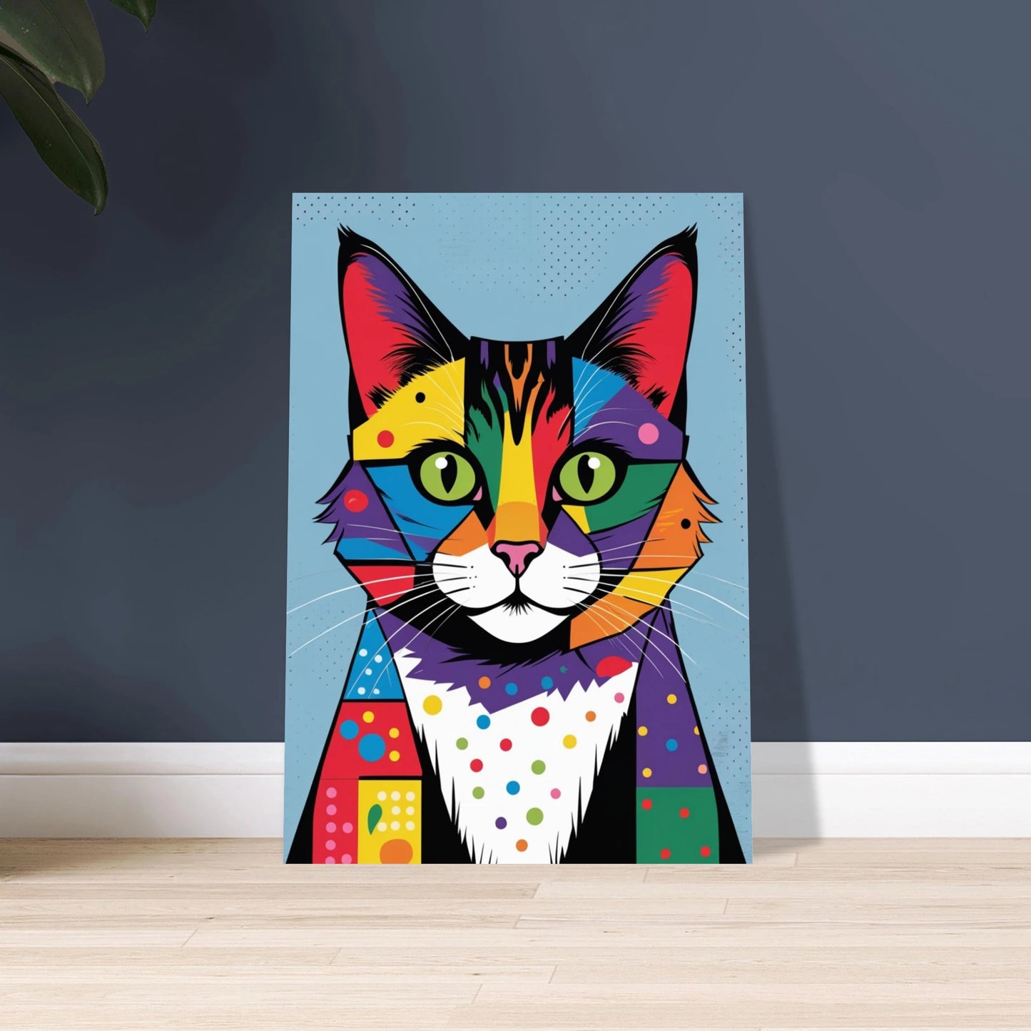 Färgstark katt i popart-stil, geometriska mönster, livfullt djurmotiv