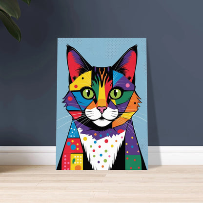 Färgstark katt i popart-stil, geometriska mönster, livfullt djurmotiv