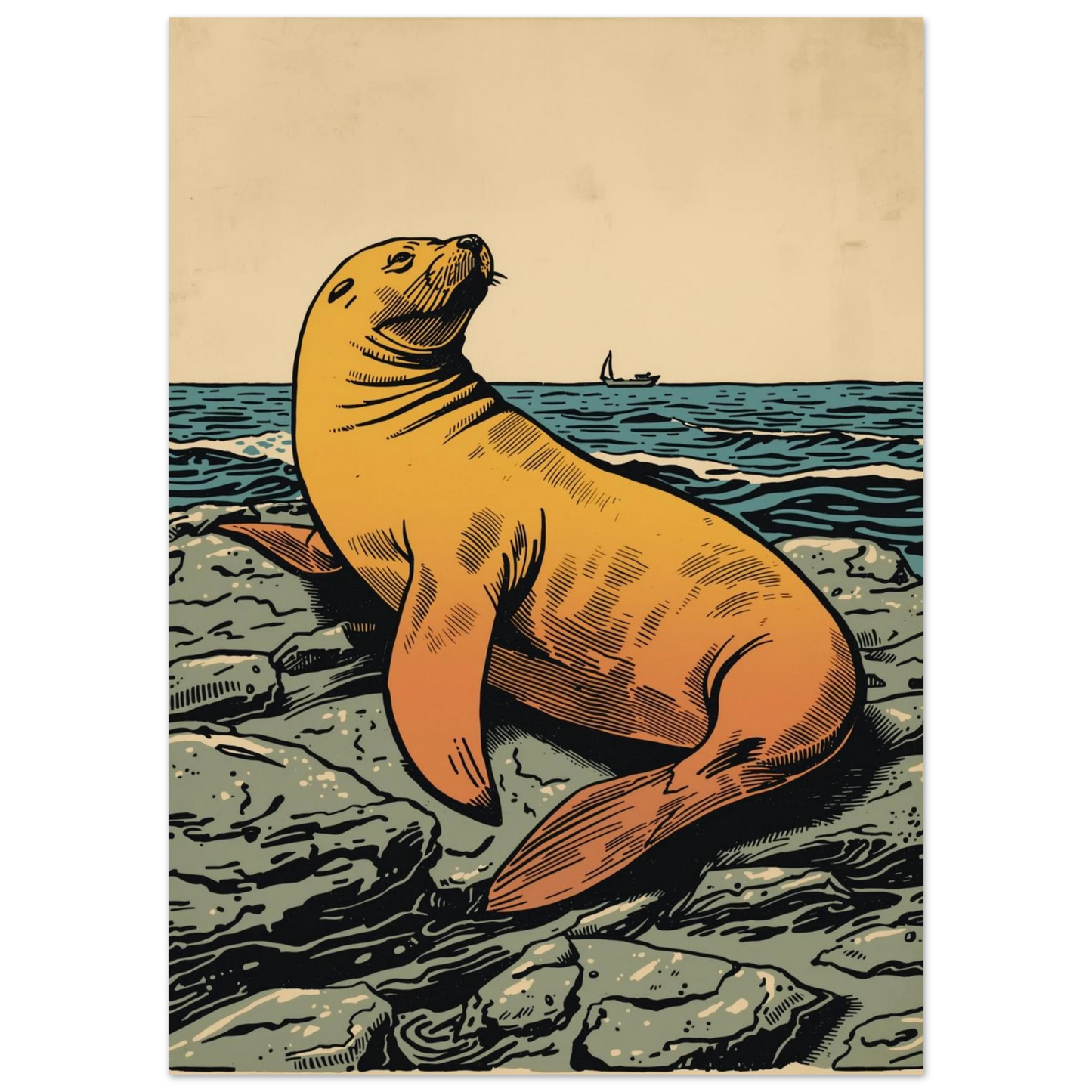 Grafisk poster med sjölejon som vilar mot en beige bakgrund och horisont