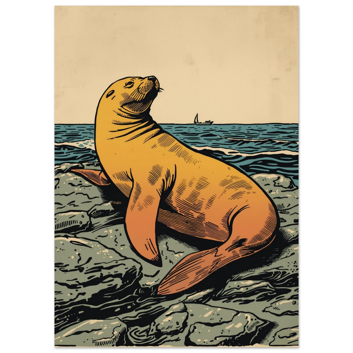Grafisk poster med sjölejon som vilar mot en beige bakgrund och horisont
