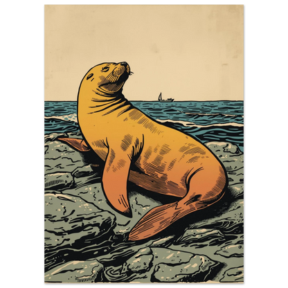 Grafisk poster med sjölejon som vilar mot en beige bakgrund och horisont