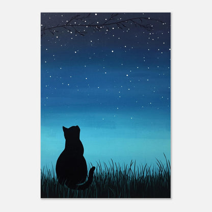 Konstnärligt motiv med svart katt och stjärnklar himmel – väggkonst