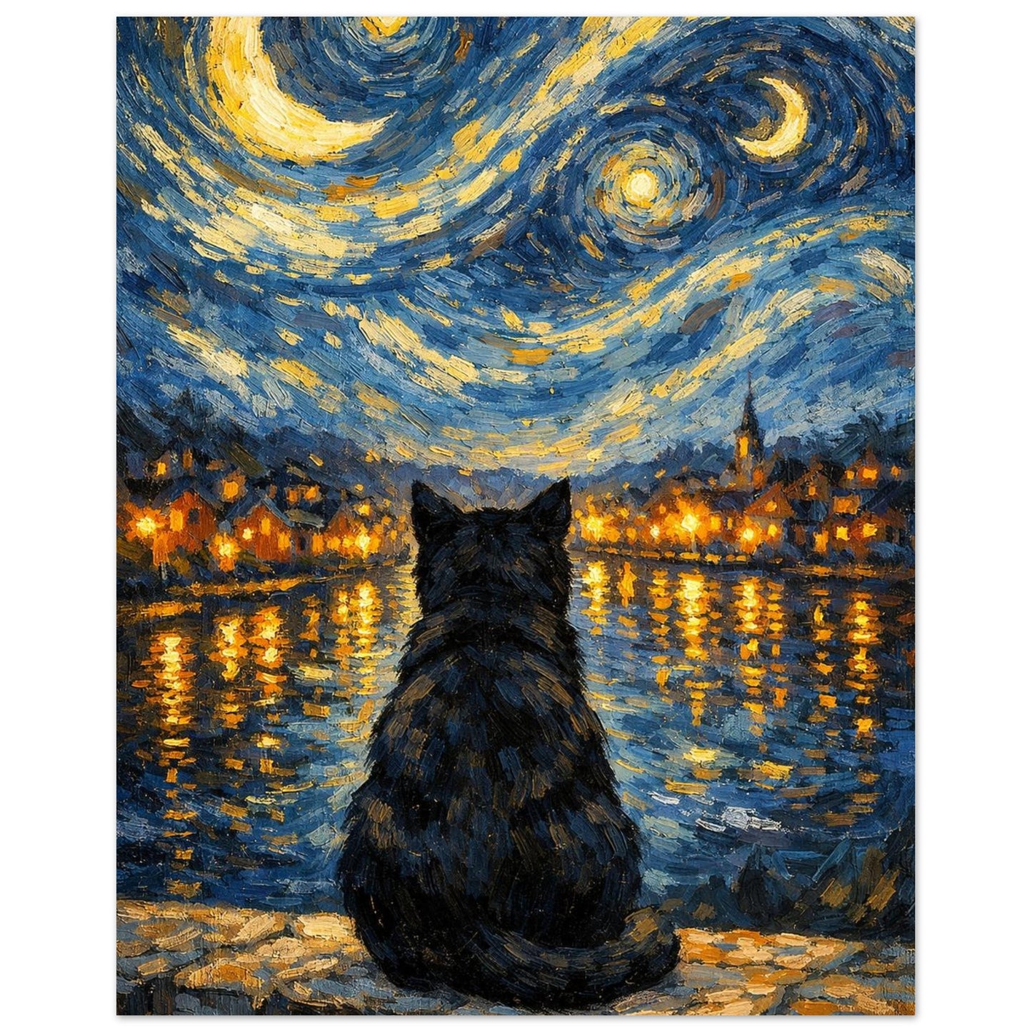 Närbild på penseldrag som föreställer en katt vid vatten under natten – Målad Poster