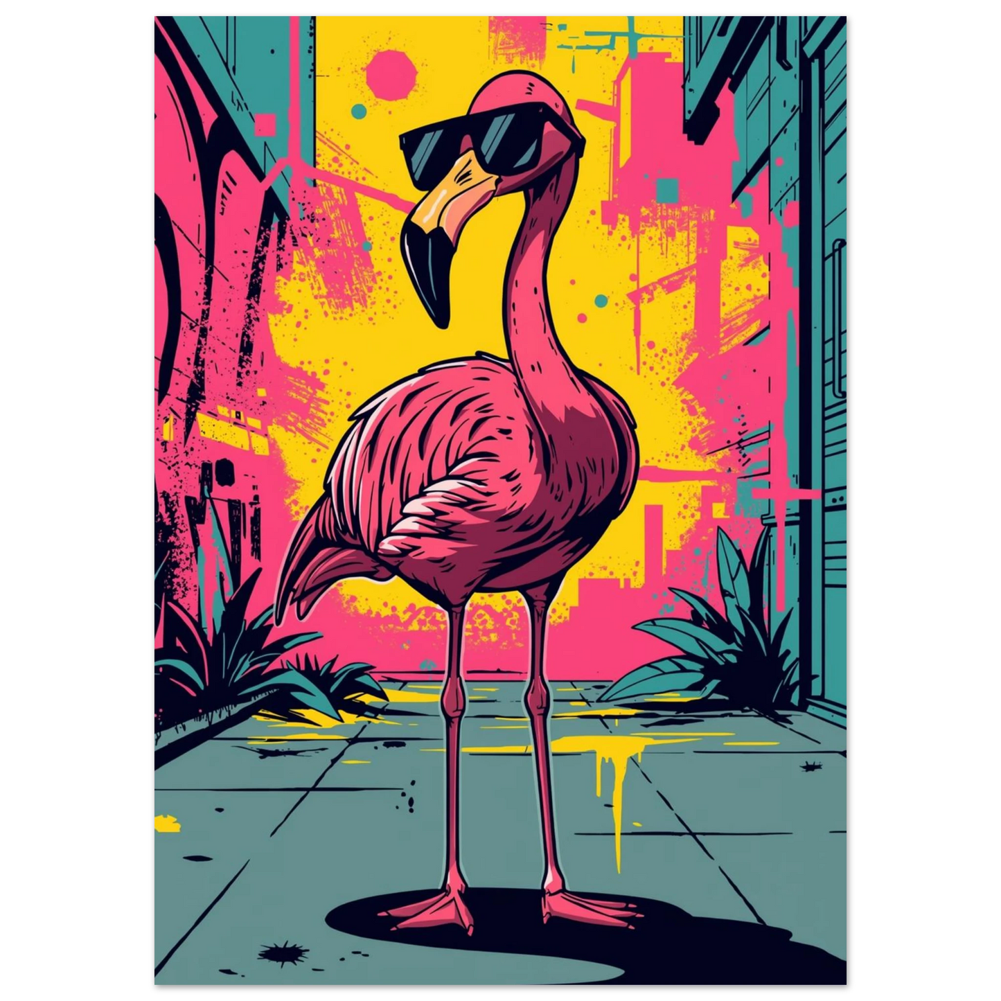 Färgstark flamingo med solglasögon i en neonrosa stadsmiljö, grafisk poster