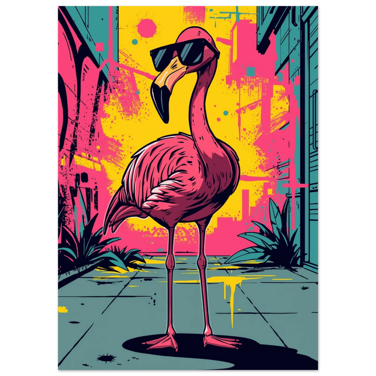 Färgstark flamingo med solglasögon i en neonrosa stadsmiljö, grafisk poster