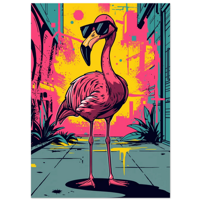 Färgstark flamingo med solglasögon i en neonrosa stadsmiljö, grafisk poster