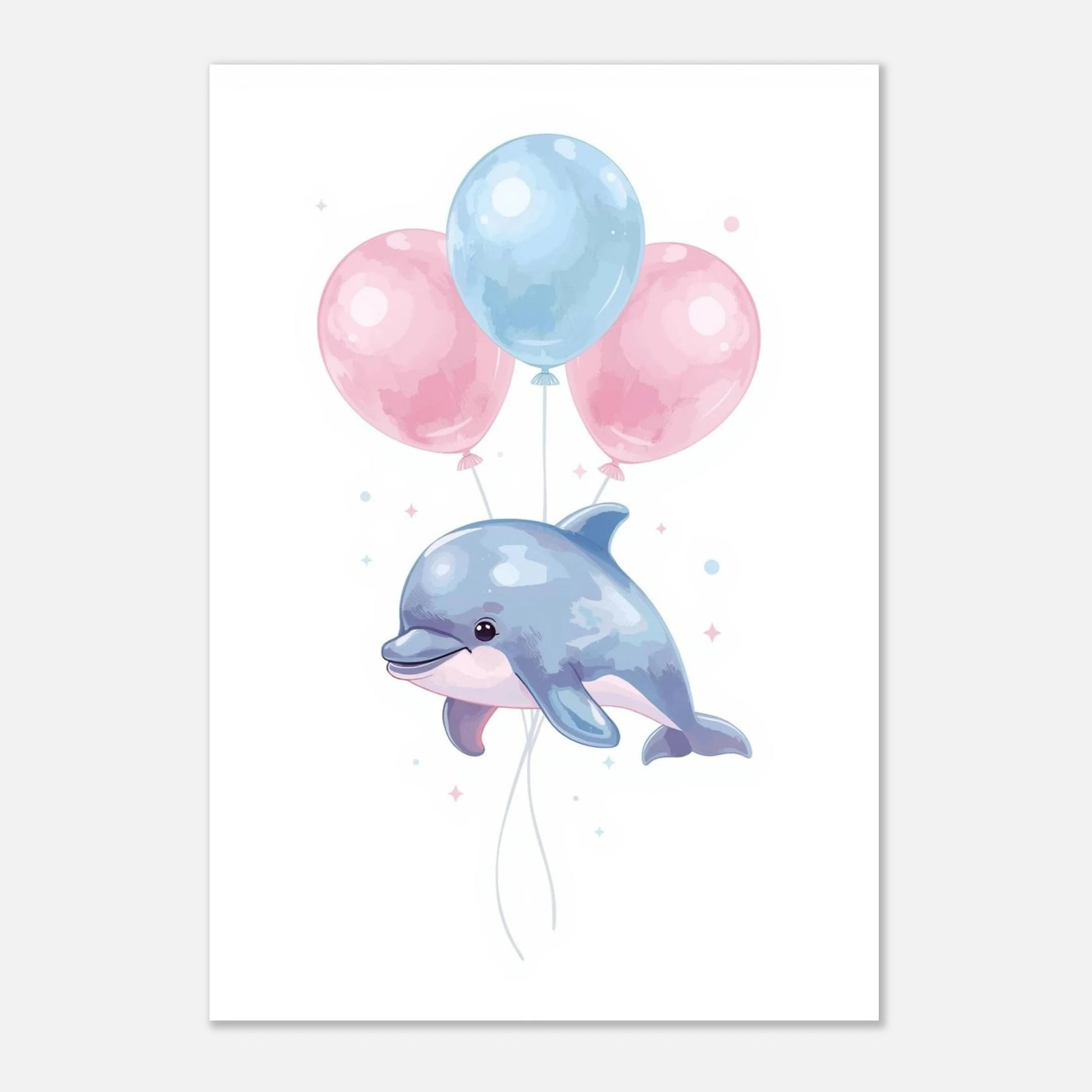 Drömsk illustration av en delfin i luften med färgglada ballonger