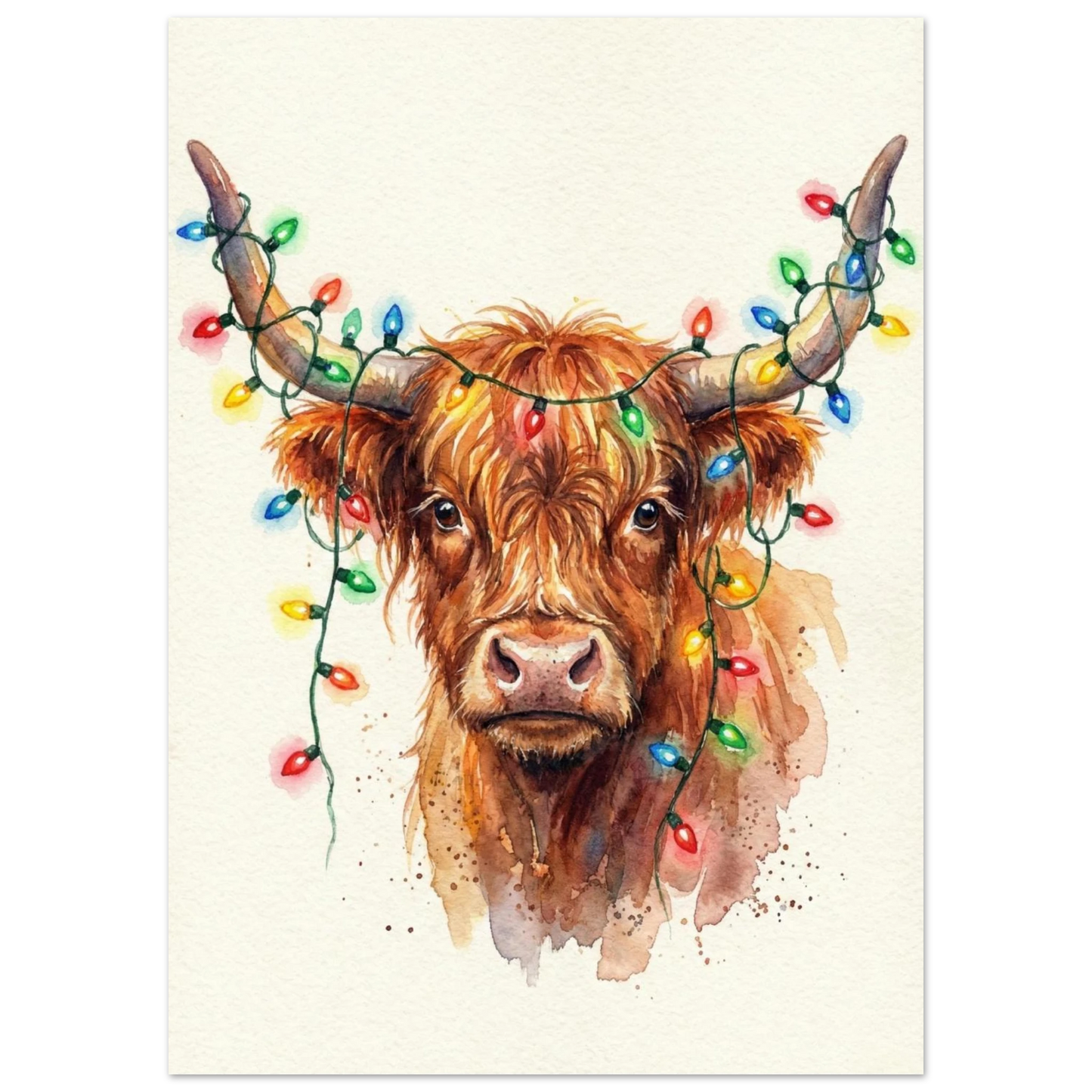 Närbild av en Highland Cow med lysande ljusslinga, konstnärligt djurmotiv i akvarell