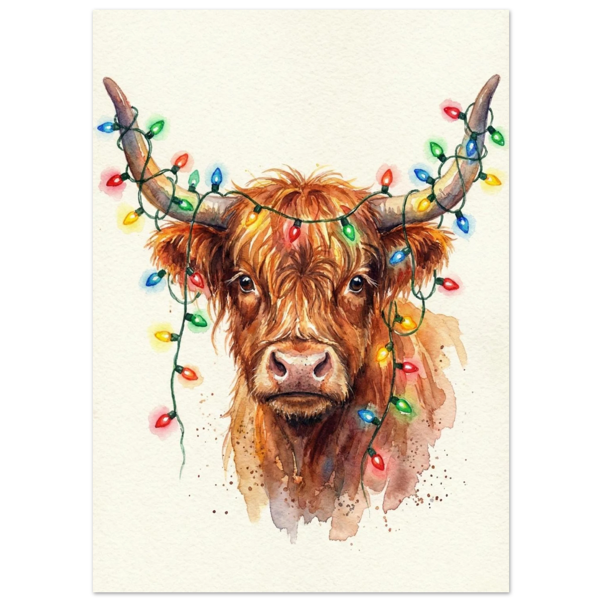 Närbild av en Highland Cow med lysande ljusslinga, konstnärligt djurmotiv i akvarell