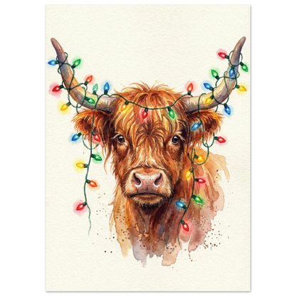 Närbild av en Highland Cow med lysande ljusslinga, konstnärligt djurmotiv i akvarell