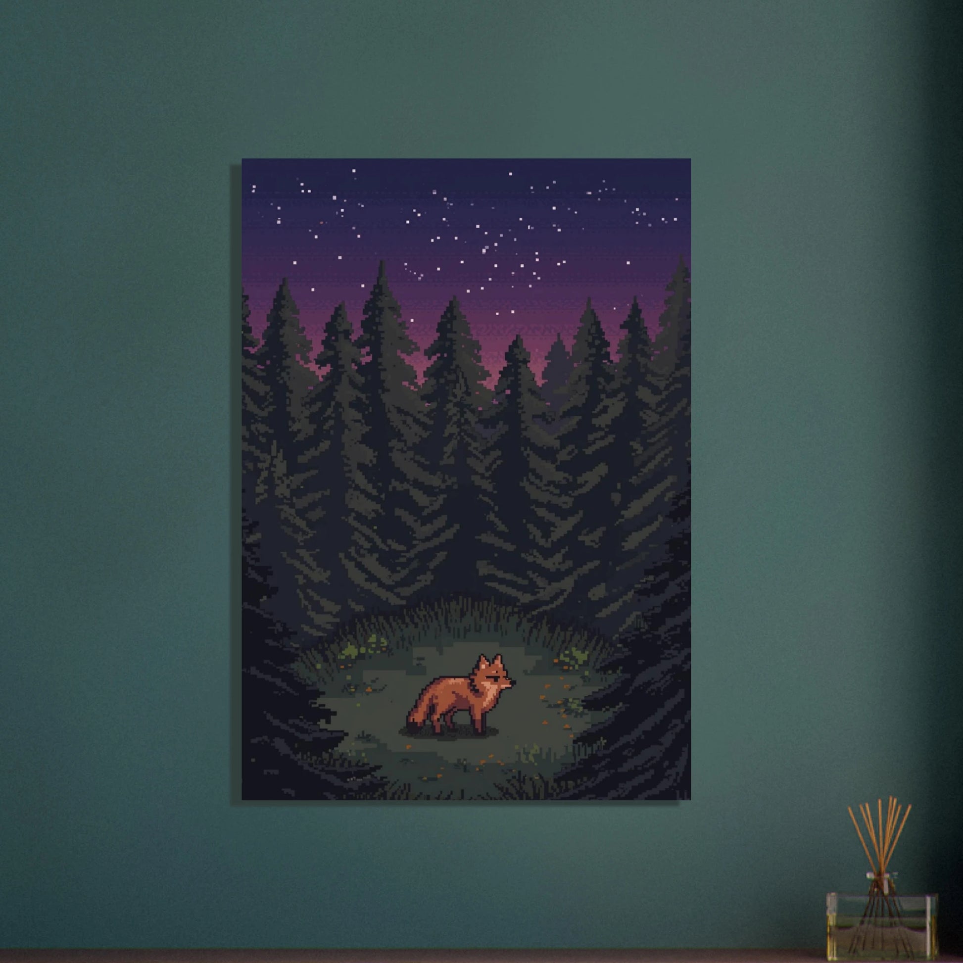 Räv i skogsglänta vid skymning, pixelkonst, stjärnhimmel