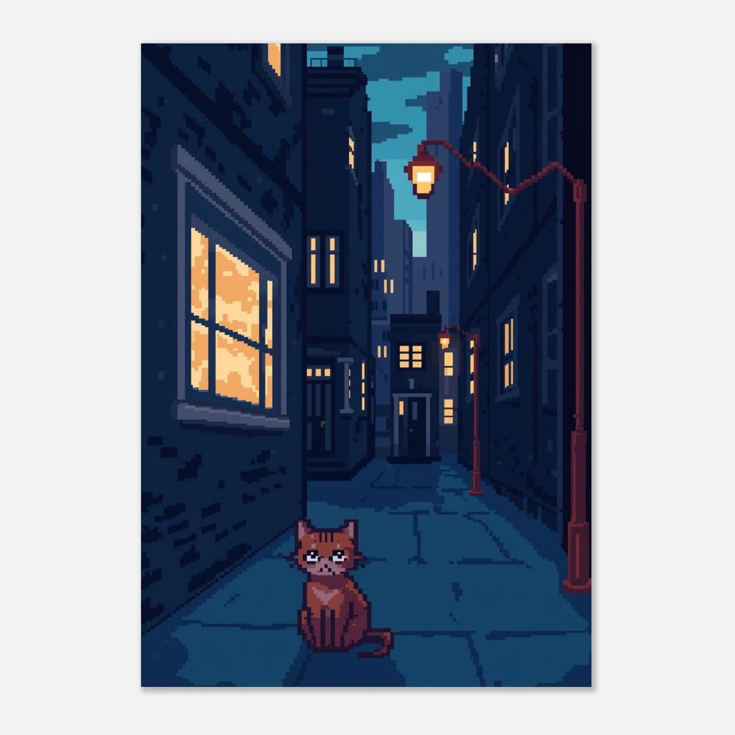 Kattmotiv i pixelkonst med varma gatlyktor på ljusgrå bakgrund