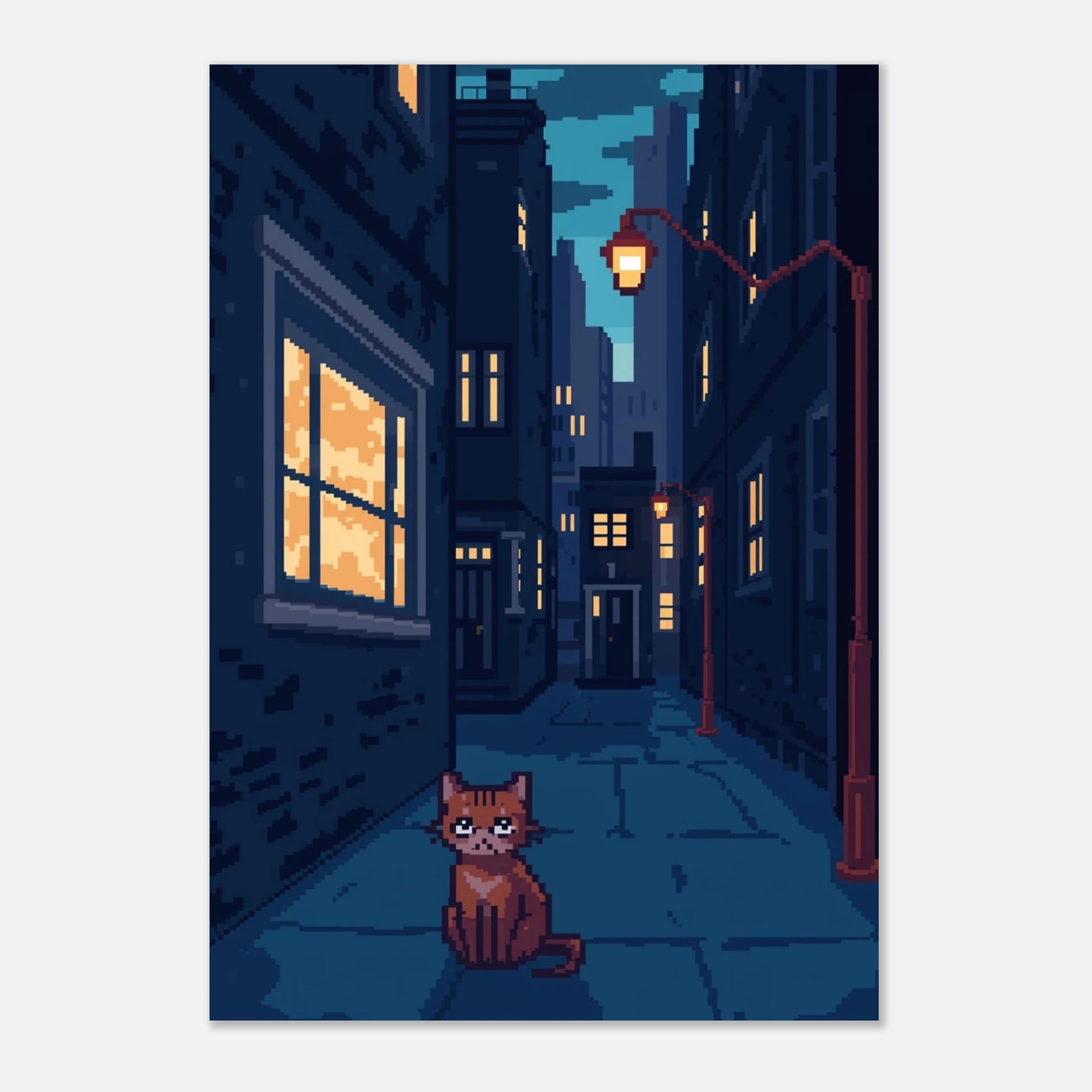 Kattmotiv i pixelkonst med varma gatlyktor på ljusgrå bakgrund