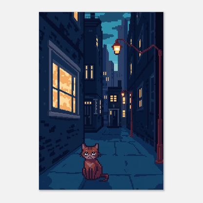 Kattmotiv i pixelkonst med varma gatlyktor på ljusgrå bakgrund