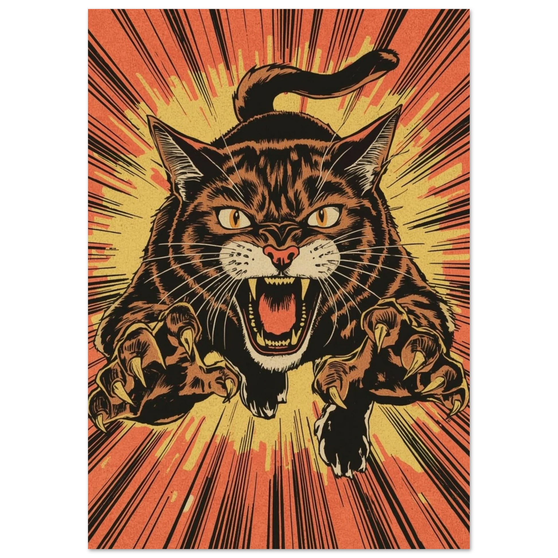 Närbild på kattansikte med öppen mun och vassa tänder – retro poster