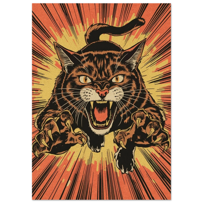 Närbild på kattansikte med öppen mun och vassa tänder – retro poster