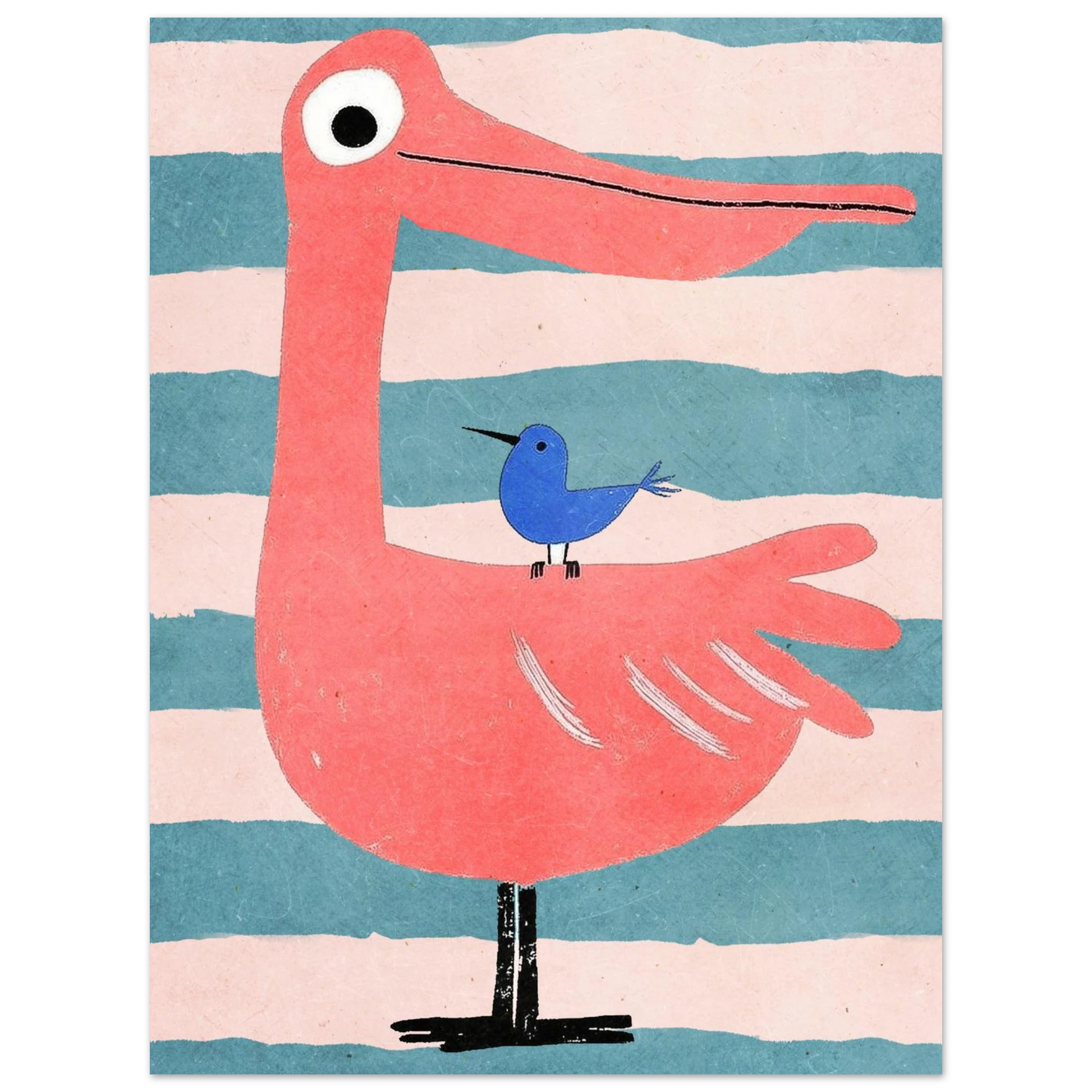 Grafisk djurillustration i rosa och turkos med vänskapligt fågelmotiv