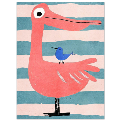 Grafisk djurillustration i rosa och turkos med vänskapligt fågelmotiv