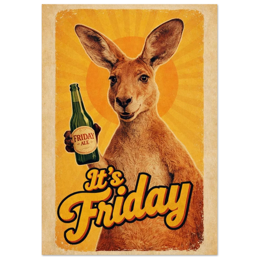 Känguru som håller i en ölflaska med texten It's Friday – Retro poster