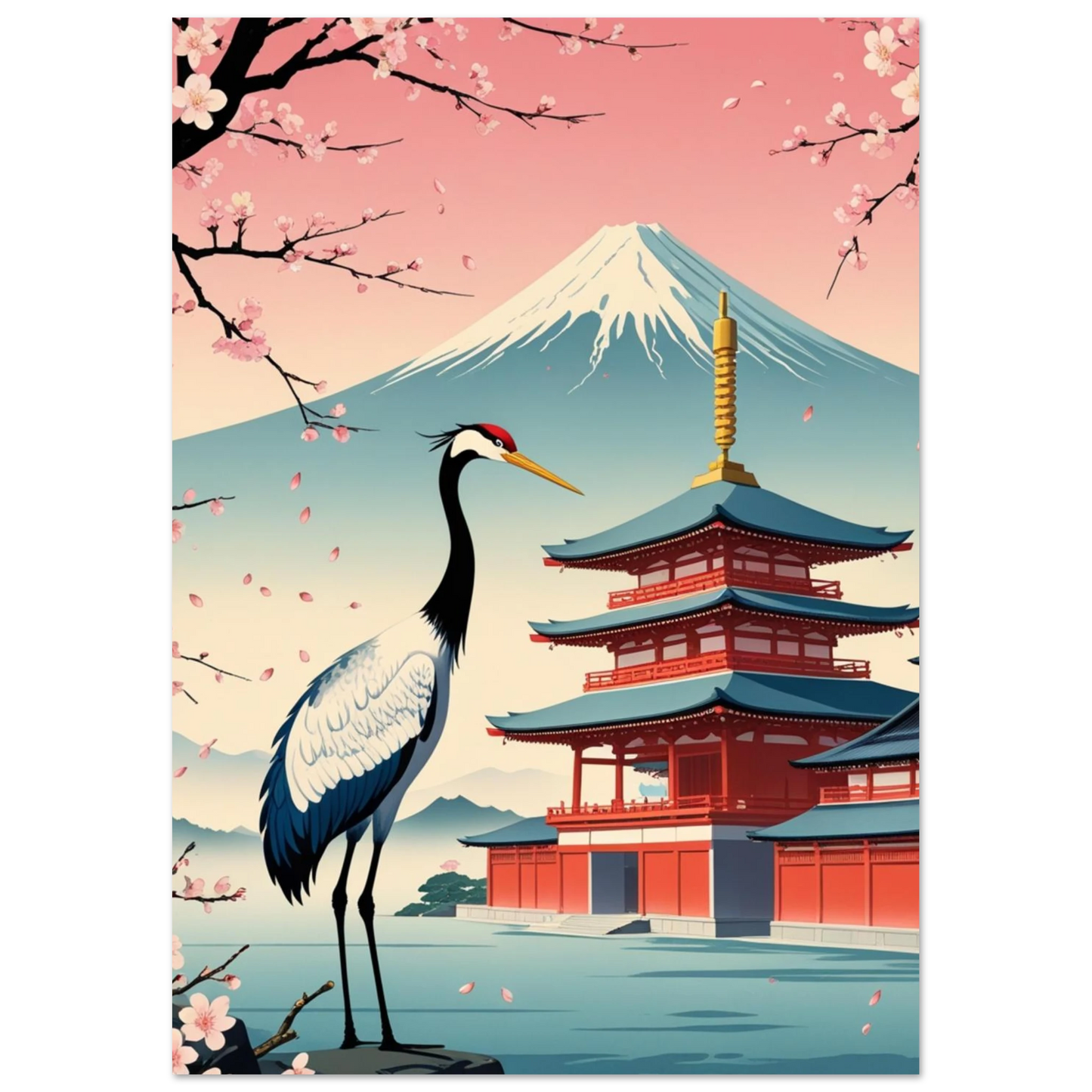 Ståtlig trana vid traditionell japansk arkitektur och rosa sakura