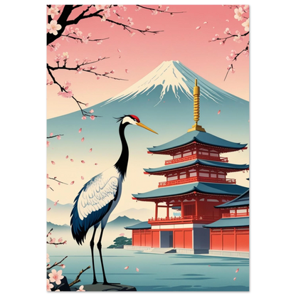 Ståtlig trana vid traditionell japansk arkitektur och rosa sakura