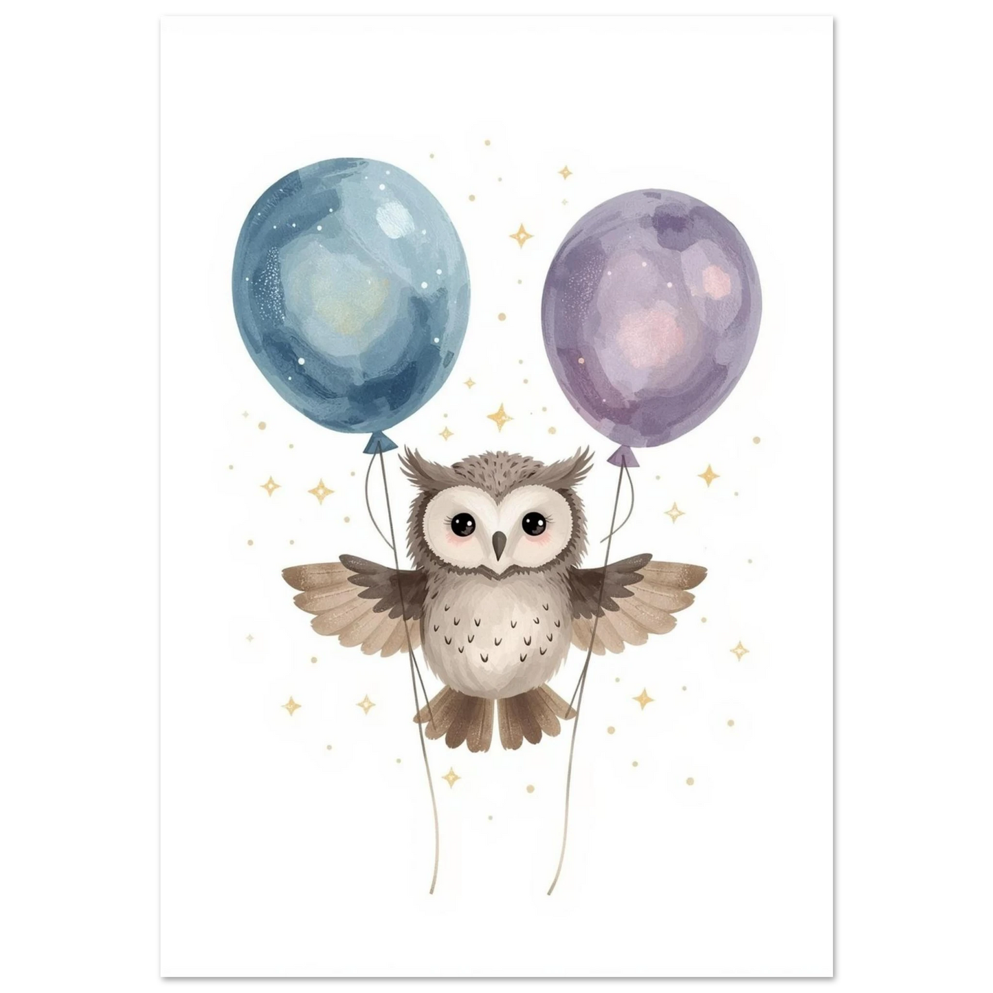 Söt uggla som flyger med blå och lila ballonger – barnposter