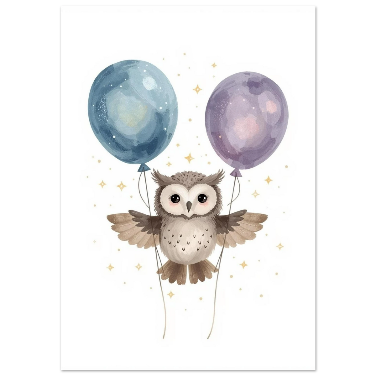 Söt uggla som flyger med blå och lila ballonger – barnposter