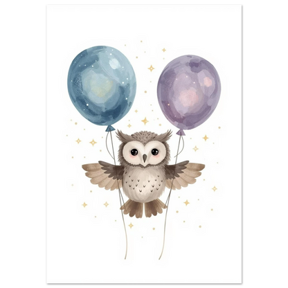 Söt uggla som flyger med blå och lila ballonger – barnposter