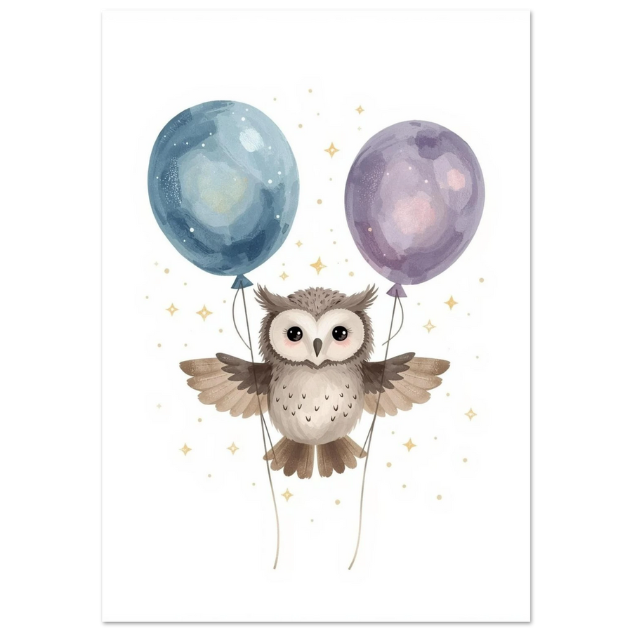 Söt uggla som flyger med blå och lila ballonger – barnposter