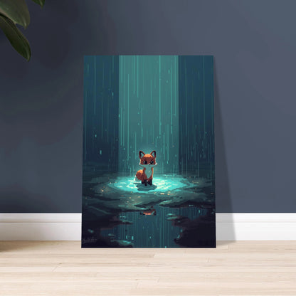 Liten räv i pixelkonst, stående i regn under natten