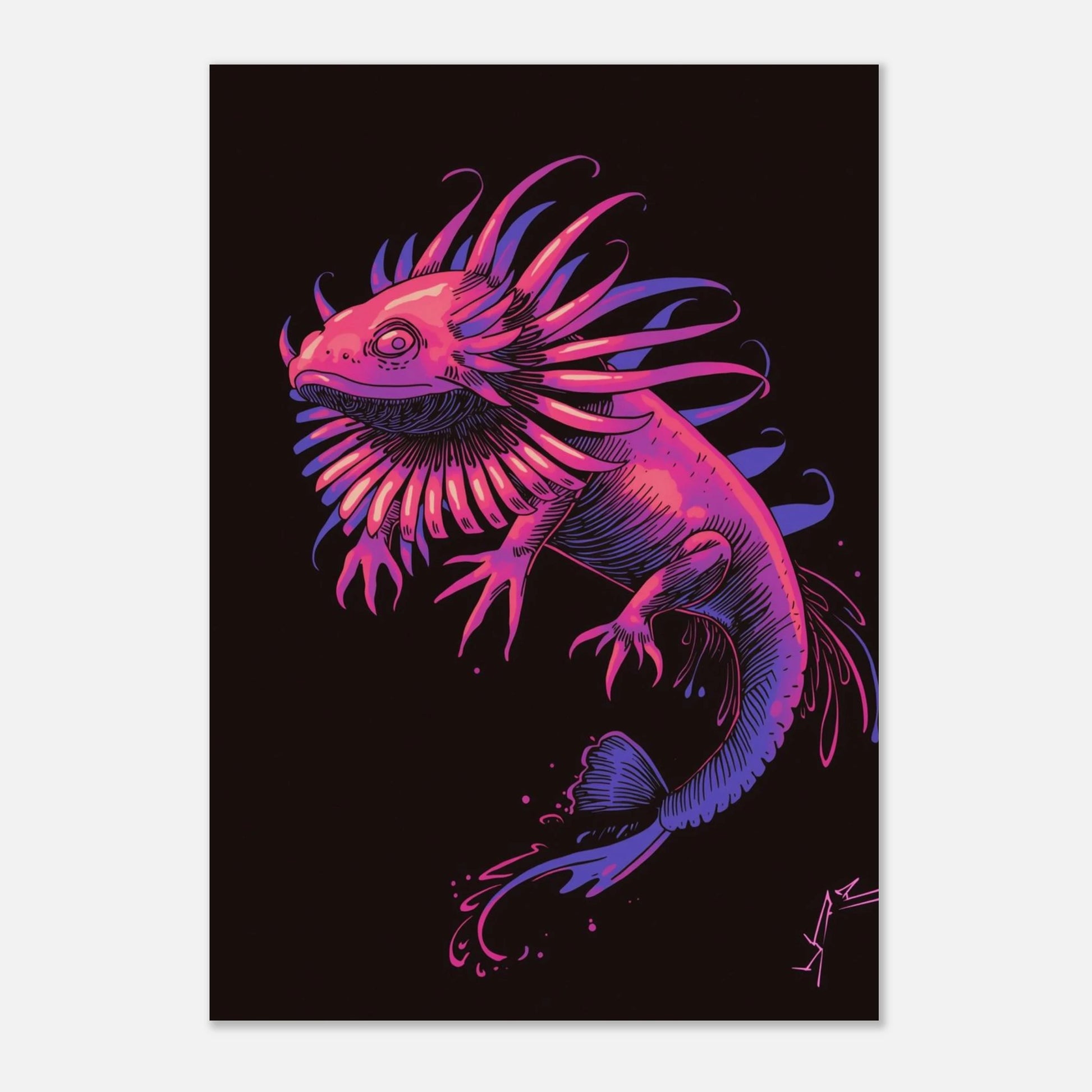 Modern väggkonst föreställande en neonfärgad axolotl i drömsk midnattsmiljö