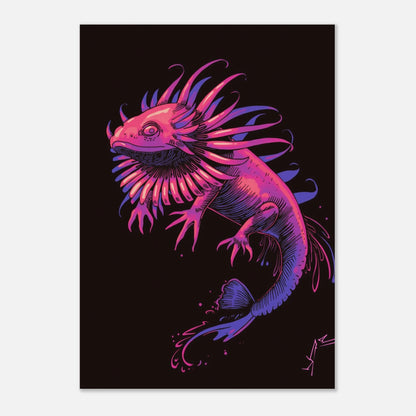 Modern väggkonst föreställande en neonfärgad axolotl i drömsk midnattsmiljö
