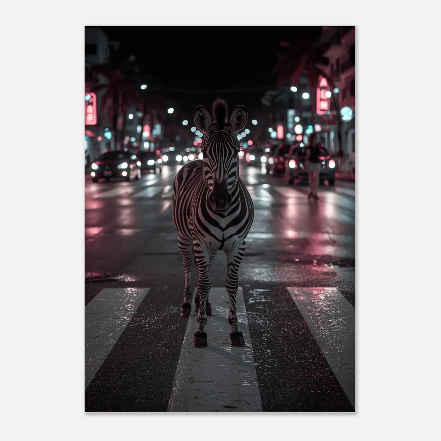 Modern djurposter föreställande en zebra i en färgstark stadskontext