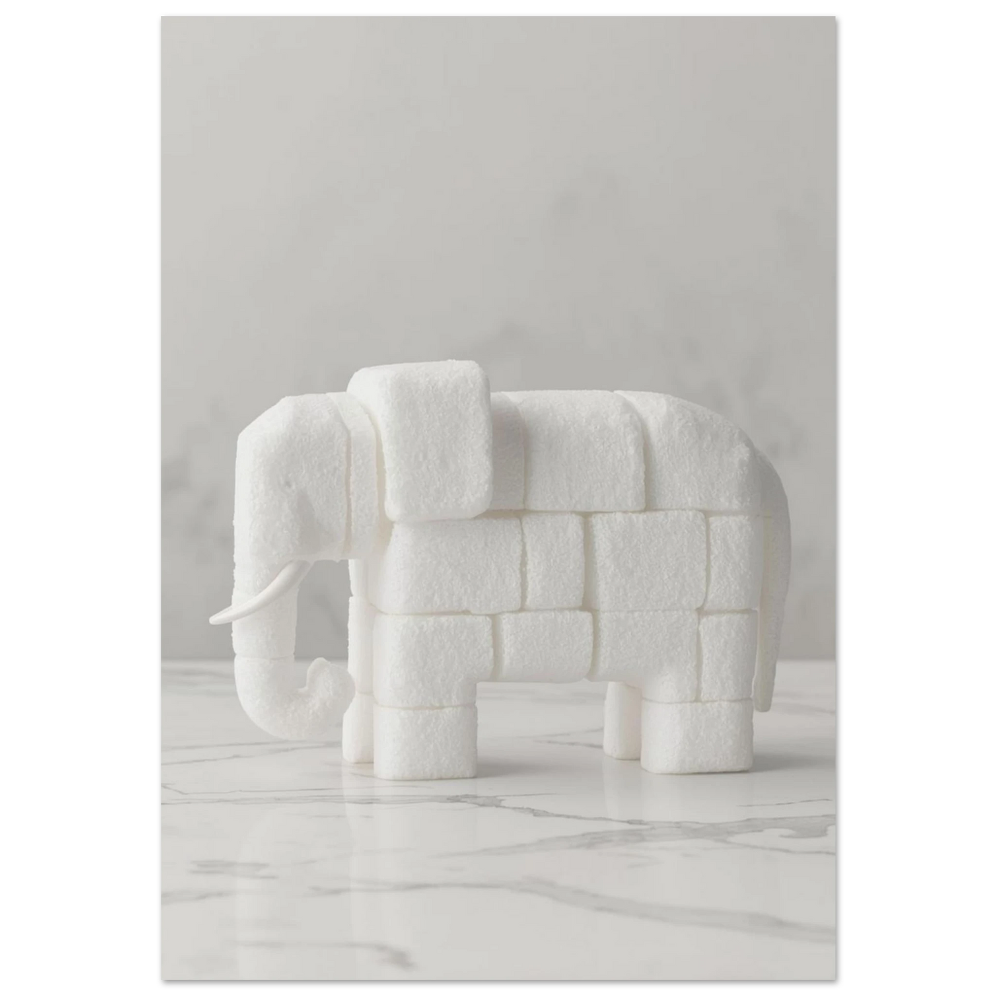 Elefant skapad av vita sockerbitar på ljus marmor, minimalistisk djurposter